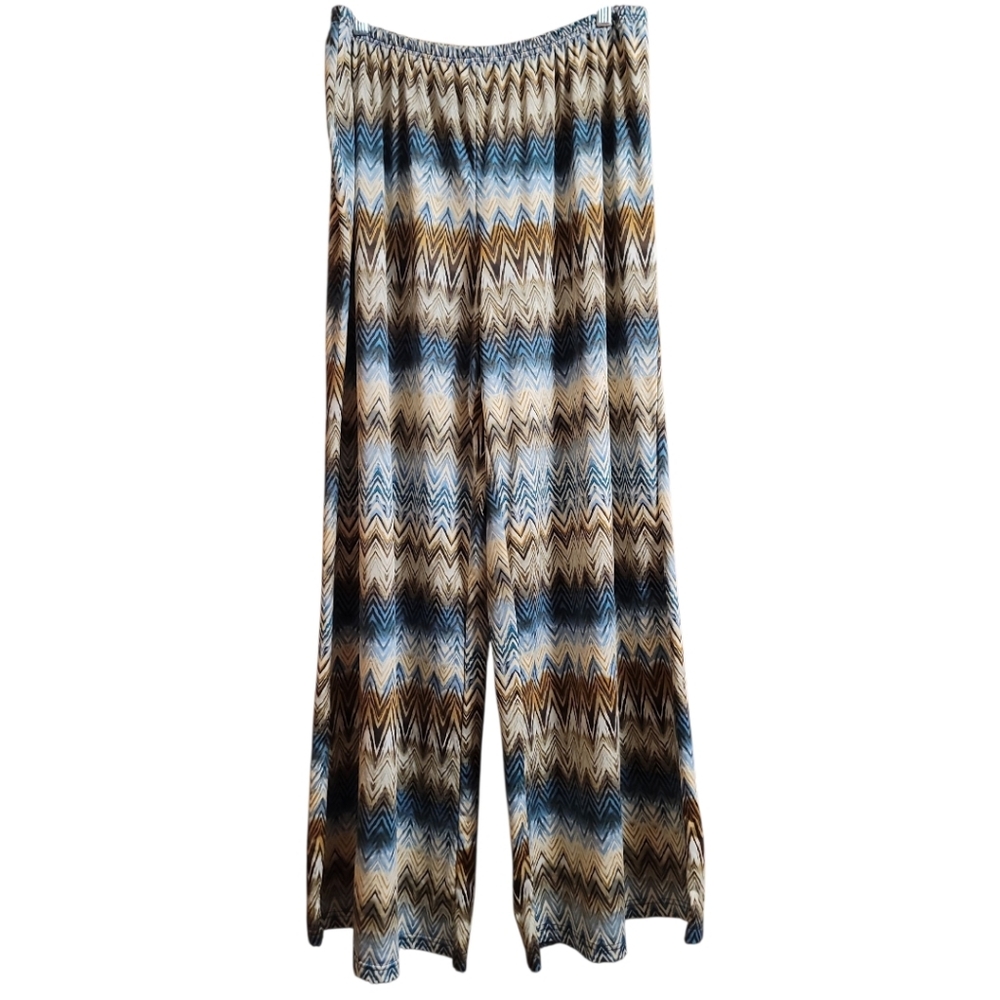 Zac & Rachel Palazzo Pants 2X womens stretch blue brown zigzag print wide leg